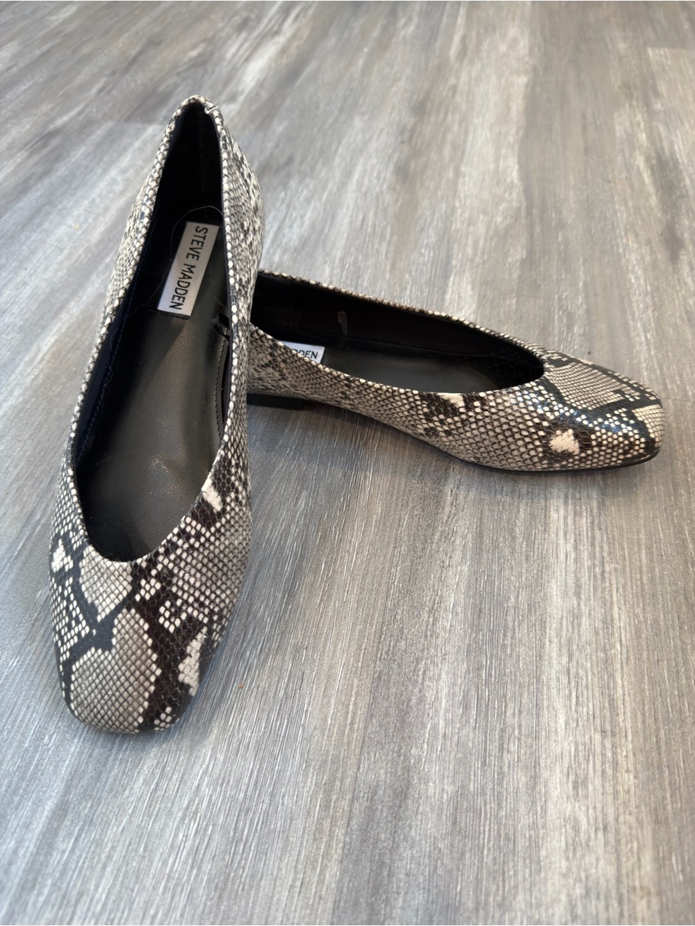Steve Madden Snake-Print Square-Toe Flats in Black and White